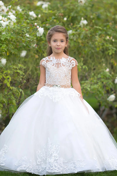 First Communion Wedding Flower Girl Tulle Satin Floor Length Dress