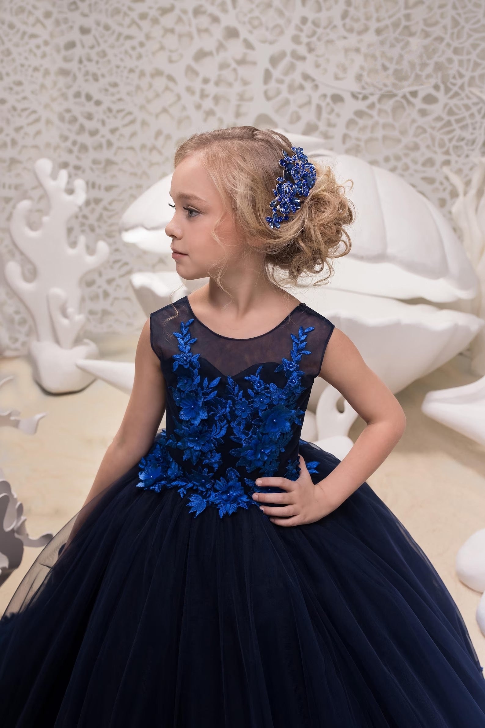 Custom Handmade Navy Blue Flower Girl Wedding Party  3D Floral Tulle Dress