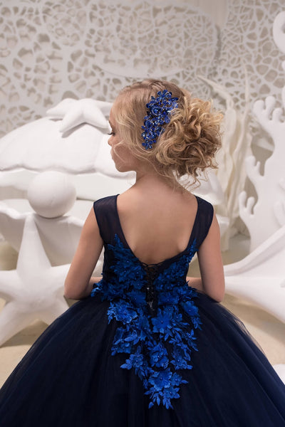 Custom Handmade Navy Blue Flower Girl Wedding Party 3D Floral Tulle Dress