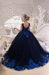 Custom Handmade Navy Blue Flower Girl Wedding Party 3D Floral Tulle Dress