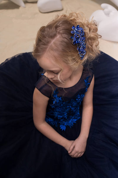 Custom Handmade Navy Blue Flower Girl Wedding Party 3D Floral Tulle Dress