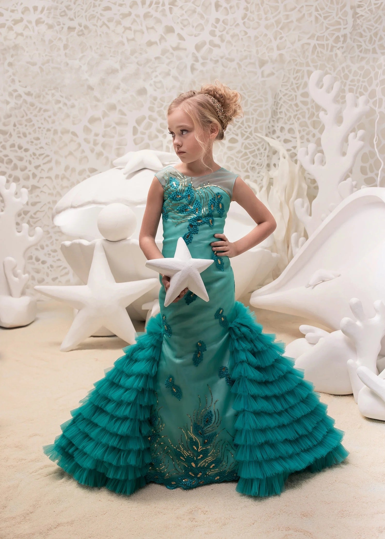 Couture Mermaid Pageant Flower Girl Special Occasion Dress With Ruffle Train