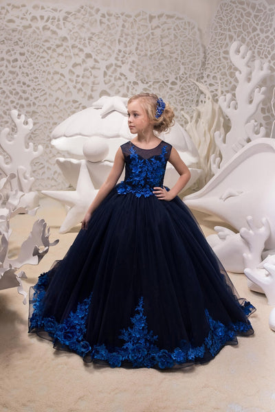 Custom Handmade Navy Blue Flower Girl Wedding Party 3D Floral Tulle Dress