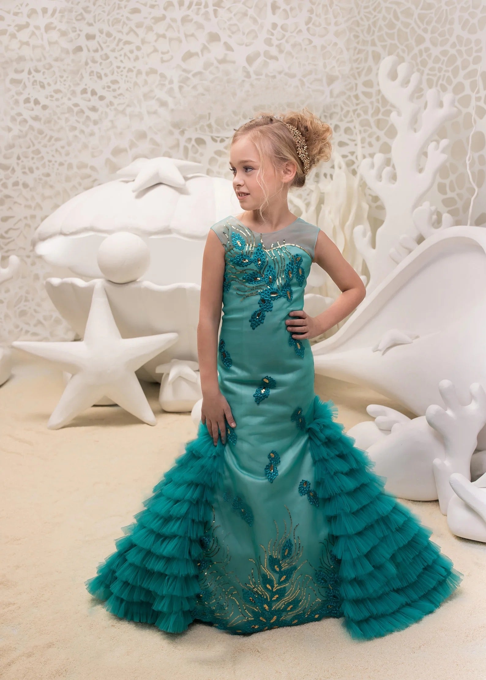 Couture Mermaid Pageant Flower Girl Special Occasion Dress With Ruffle Train