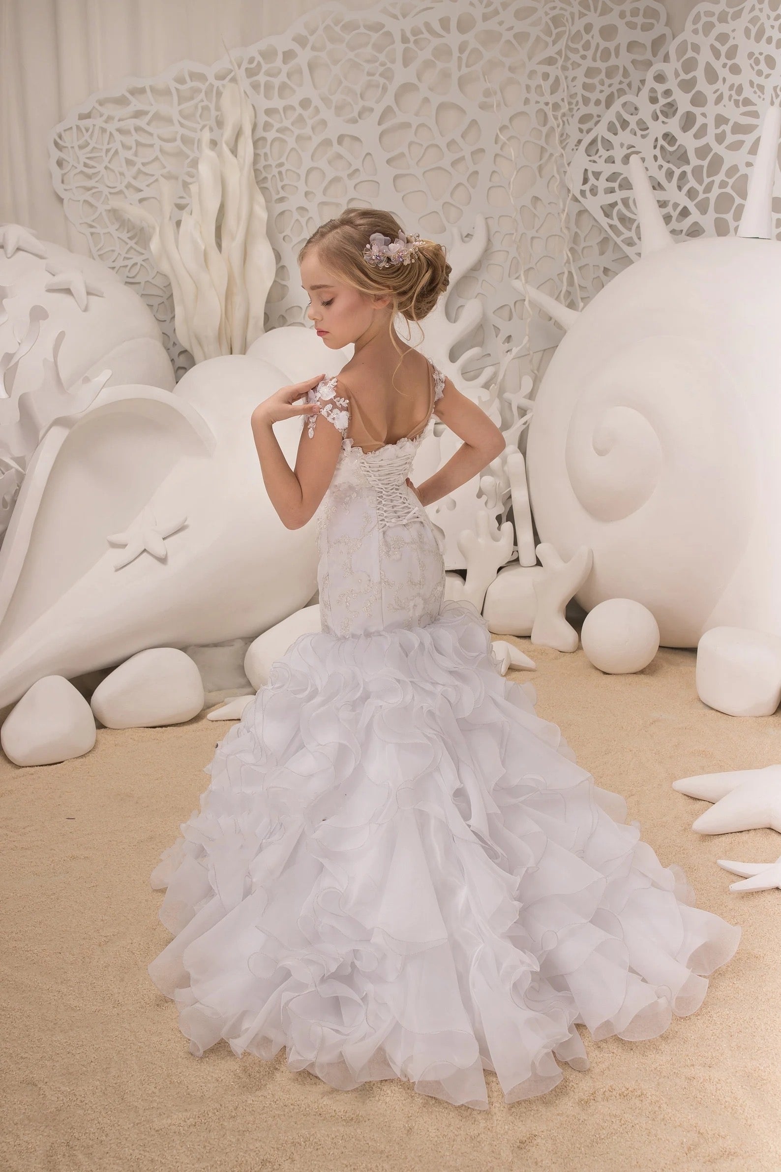 Gorgeous Couture Mermaid Ruffled Gown Flower Girl Pageant Party Dress