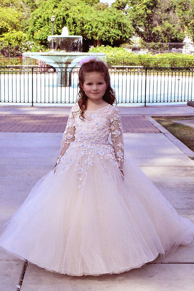 Girls Beautiful Custom Couture Satin Tulle 3D Beaded Lace Special Occasion Dress