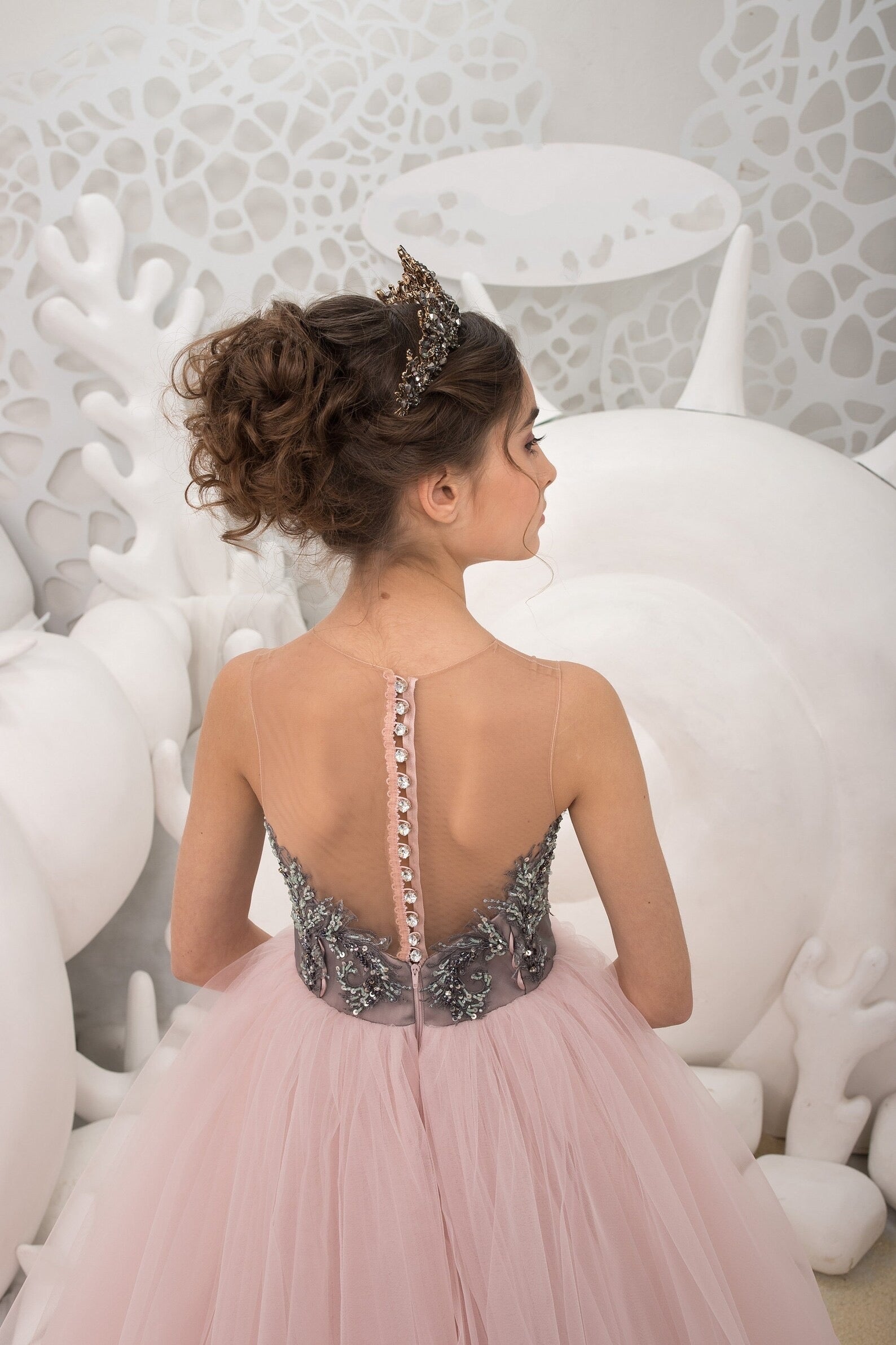 Girls Custom Couture Handmade Special Occasion Wedding Party Tulle Dress