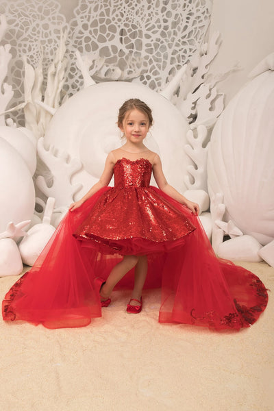 Malena Red Sequin Pageant Dress With Detachable Train