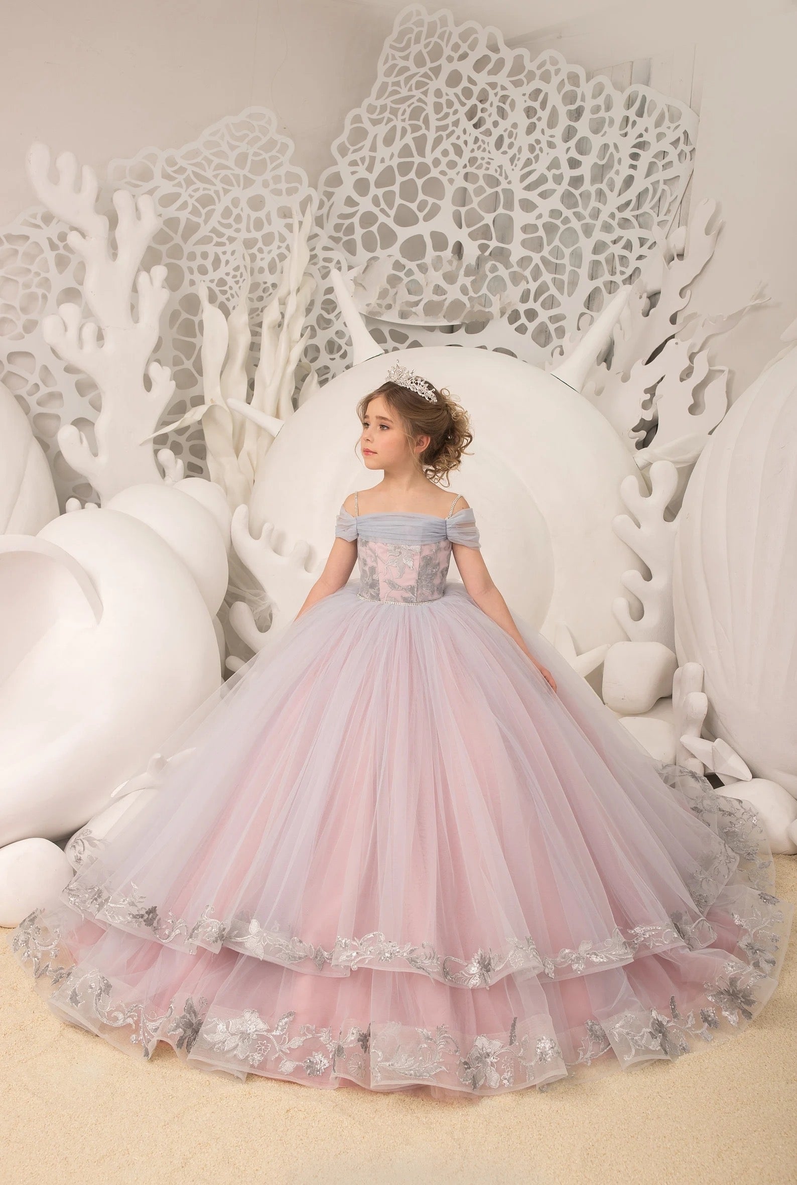Stunning Couture Flower Girl Satin Tulle Pageant Wedding Party Ball Gown