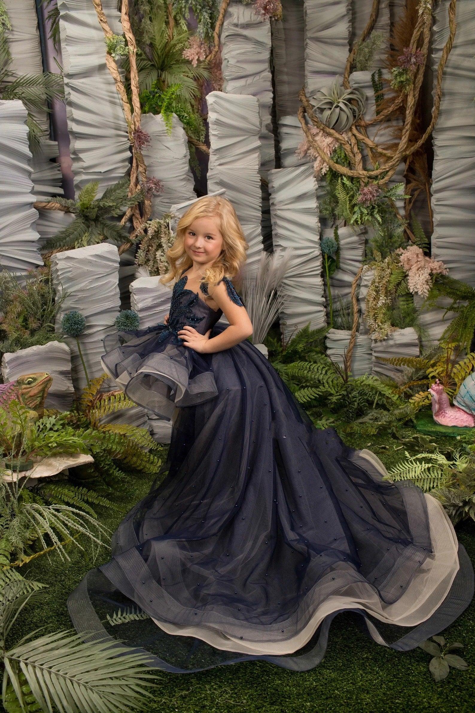 Girls Custom Couture Pageant Flower Girl Party Dress With Detachable Train