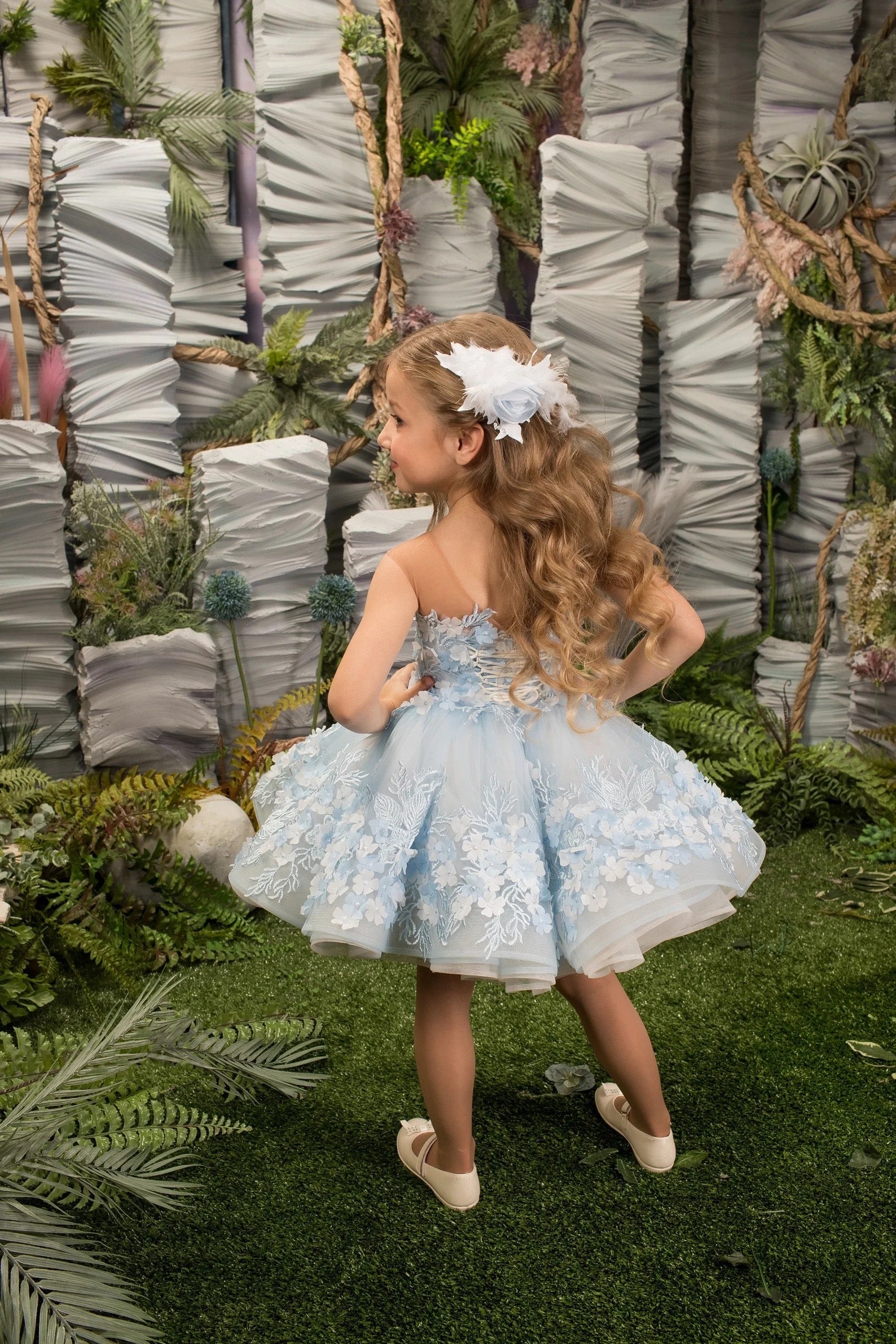 Wedding Flower Girl Party 3D Floral Lace Tulle Knee Length Dress