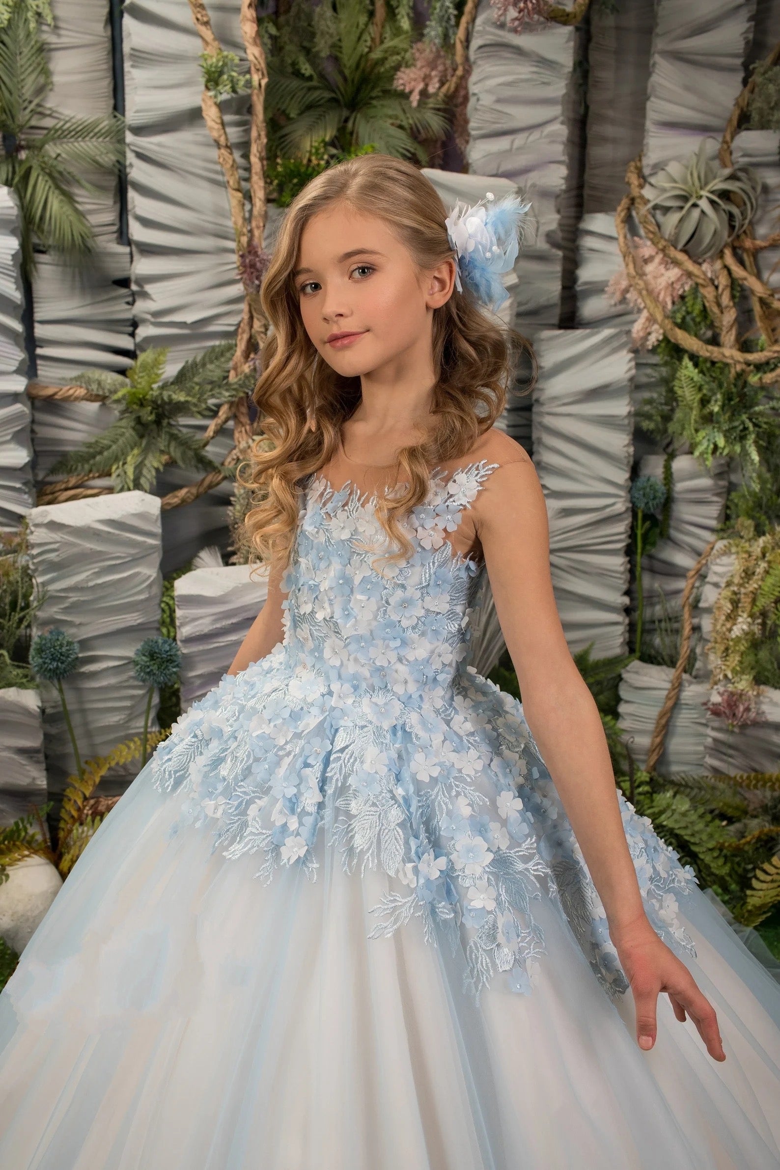 Stunning Floor Length Flower Girl Pageant Party 3D Floral Applique Gown