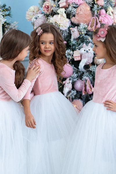 Girls Velvet Long Sleeve Tulle Flower Girl Wedding Birthday Party Long Dress
