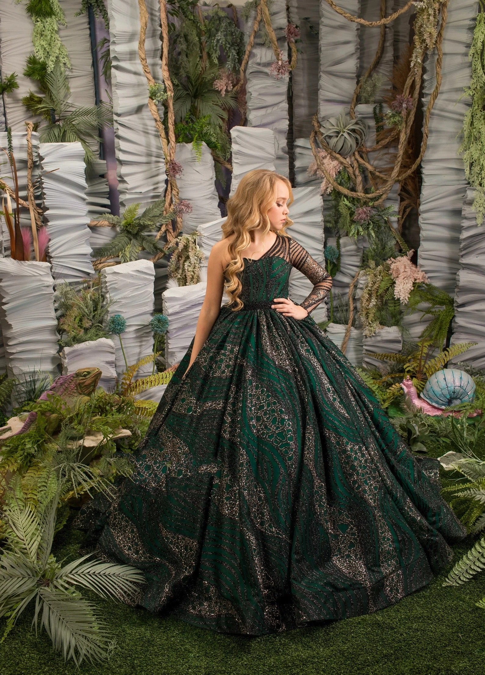 Custom Couture Girls Emerald Green Pageant Glitter Tulle Taffeta Gown