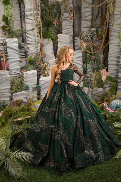 Custom Couture Girls Emerald Green Pageant Glitter Tulle Taffeta Gown