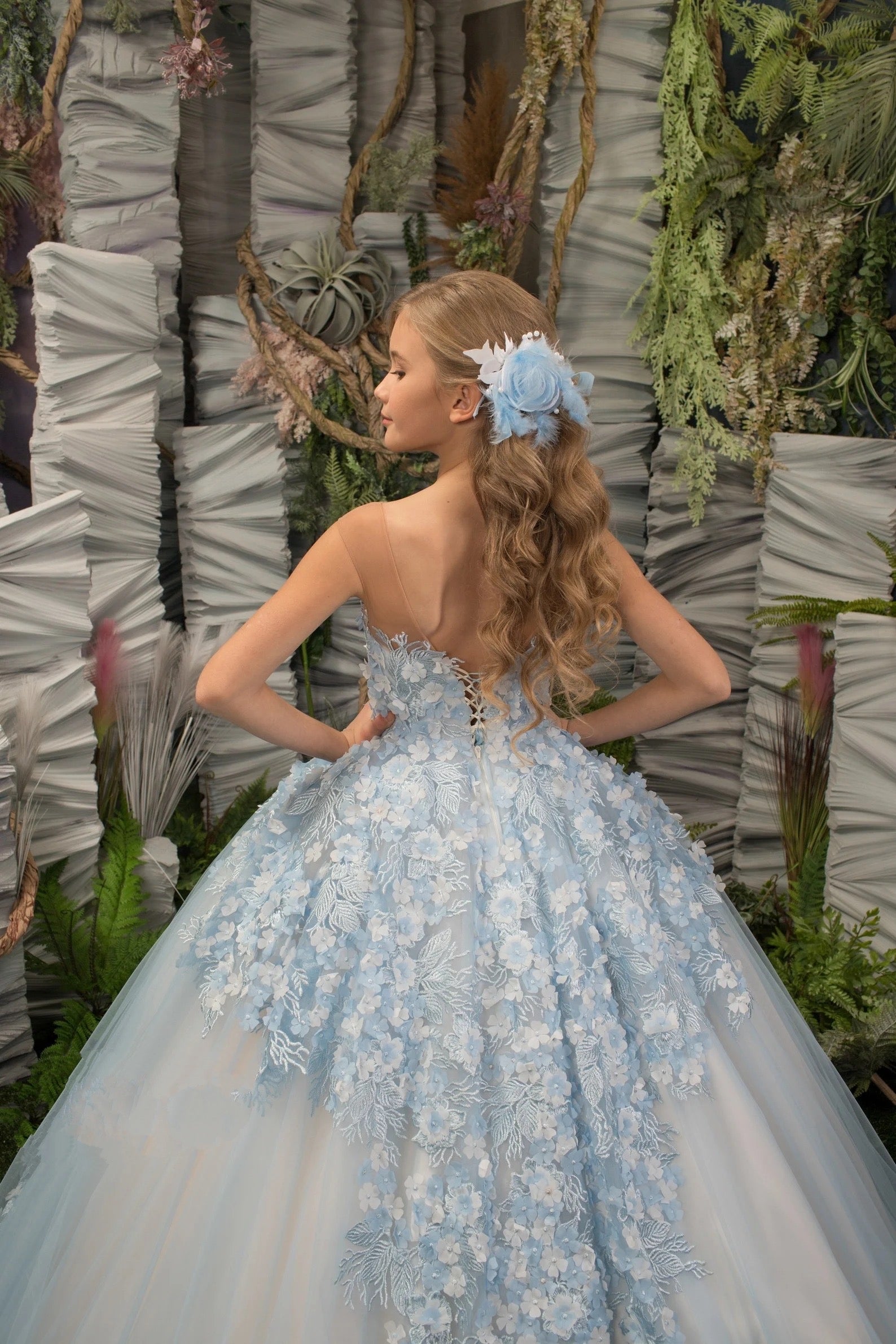 Stunning Floor Length Flower Girl Pageant Party 3D Floral Applique Gown