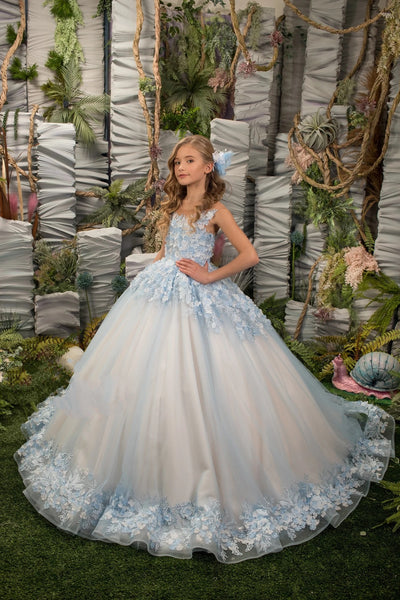 Stunning Floor Length Flower Girl Pageant Party 3D Floral Applique Gown