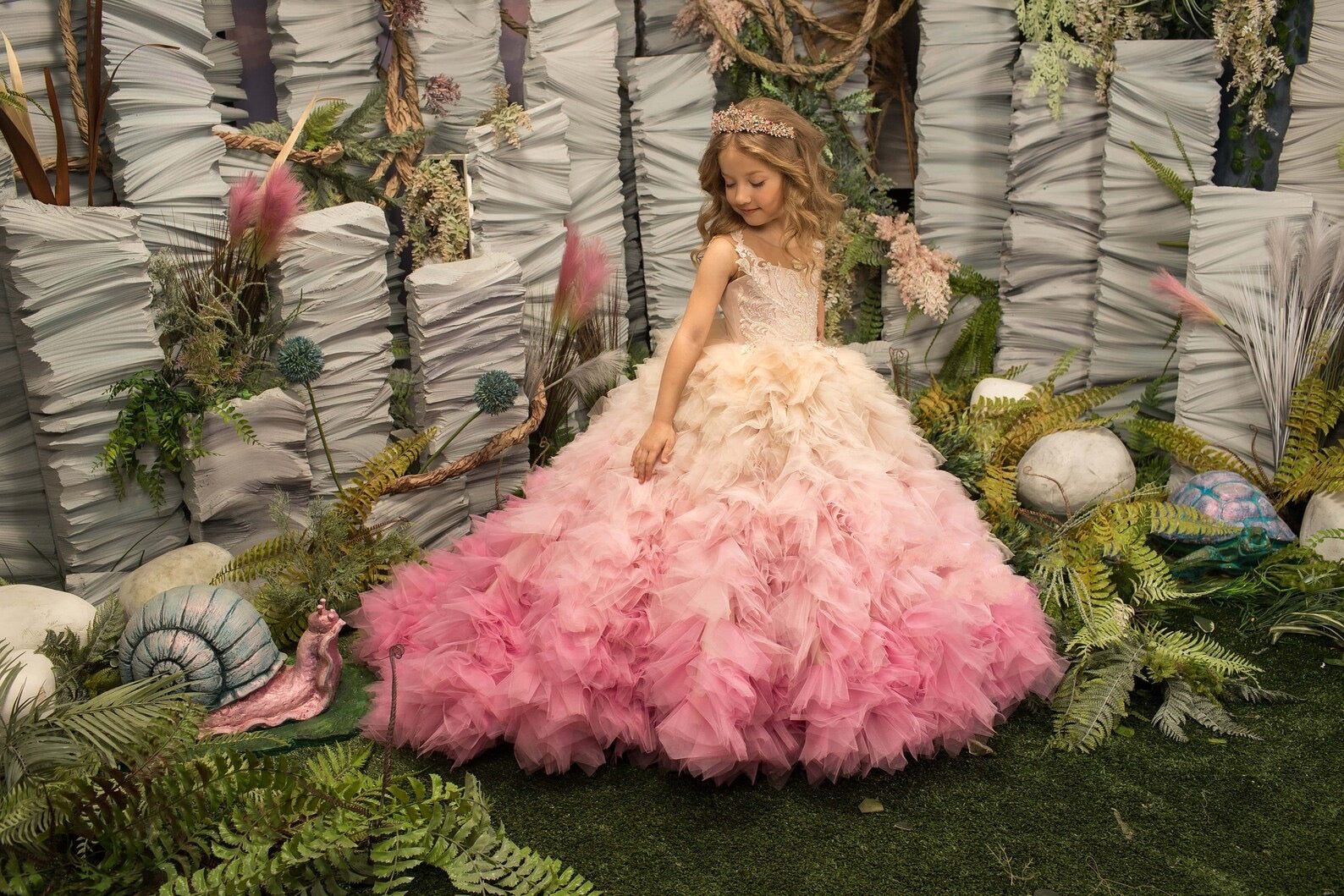 Custom Couture Girls Ruffle Tulle Satin Wedding Pageant Flower Girl Gown