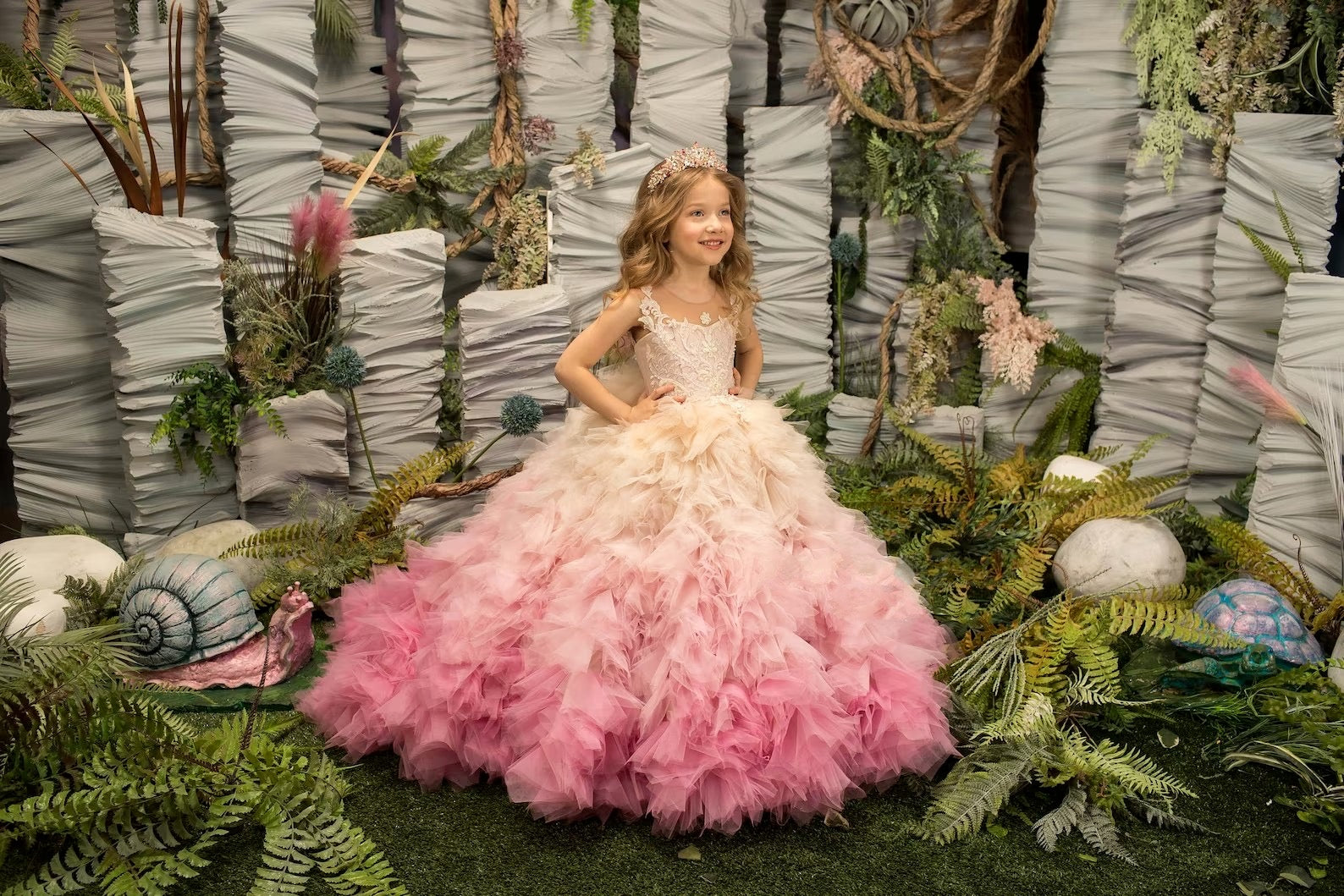 Custom Couture Girls Ruffle Tulle Satin Wedding Pageant Flower Girl Gown