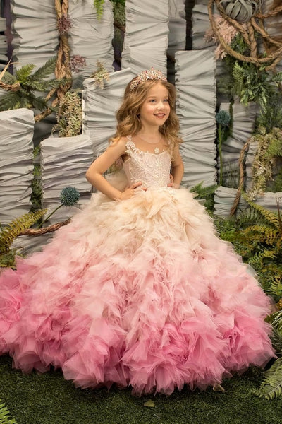 Custom Couture Girls Ruffle Tulle Satin Wedding Pageant Flower Girl Gown