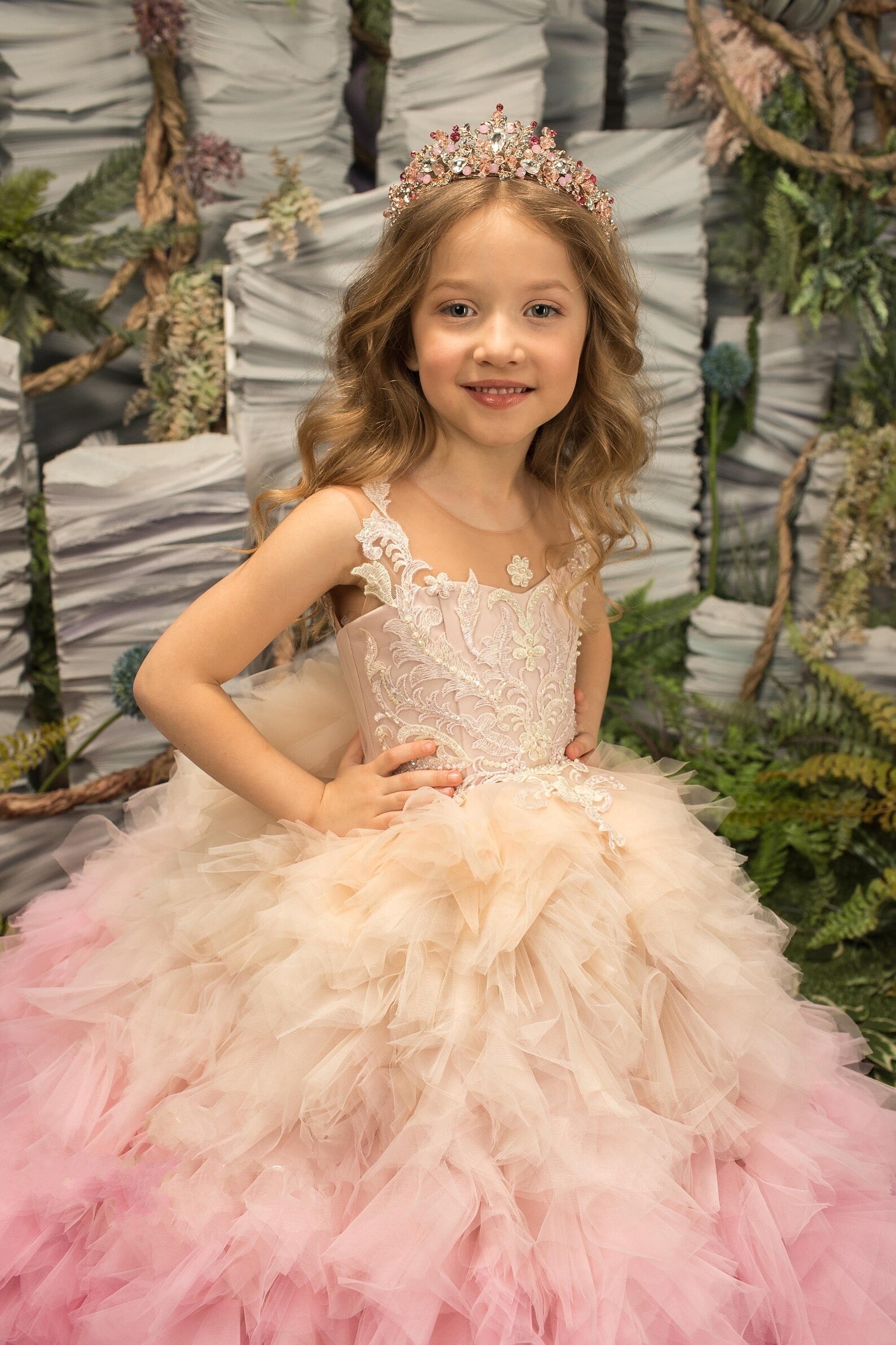 Custom Couture Girls Ruffle Tulle Satin Wedding Pageant Flower Girl Gown