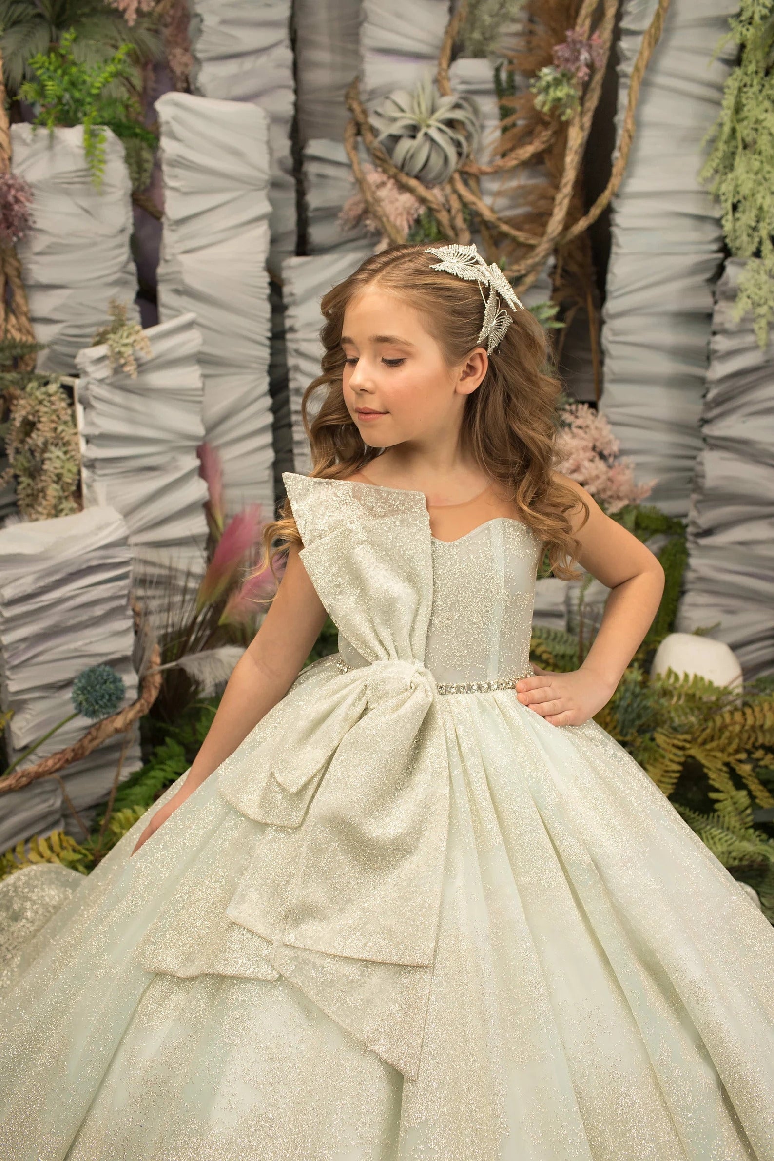 Couture Girls Ivory Mint Glitter Tulle Flower Girl Pageant Party Ball Gown