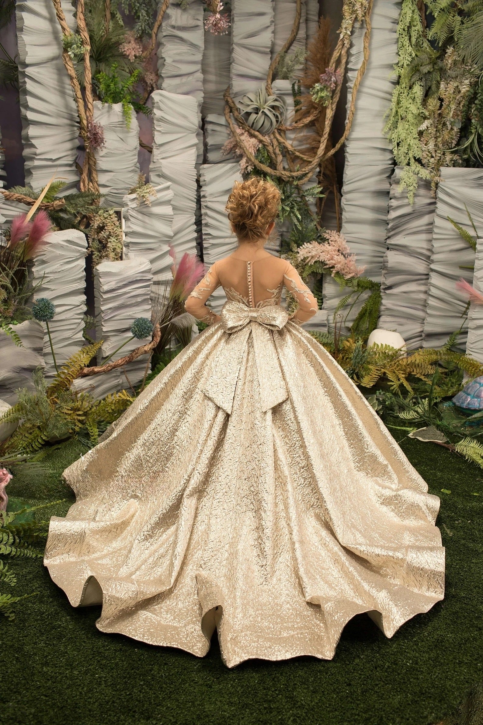 Girls Custom Couture Gold Beaded Embroidered Wedding Flower Girl Ballgown
