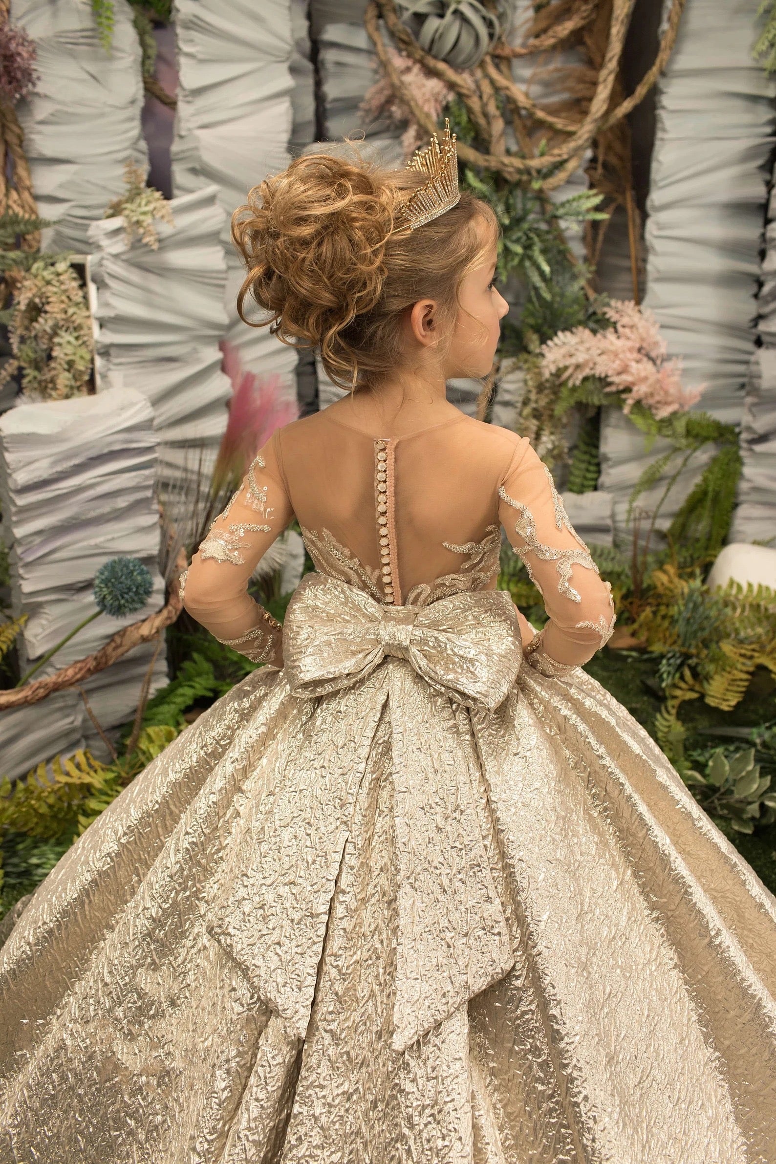 Girls Custom Couture Gold Beaded Embroidered Wedding Flower Girl Ballgown