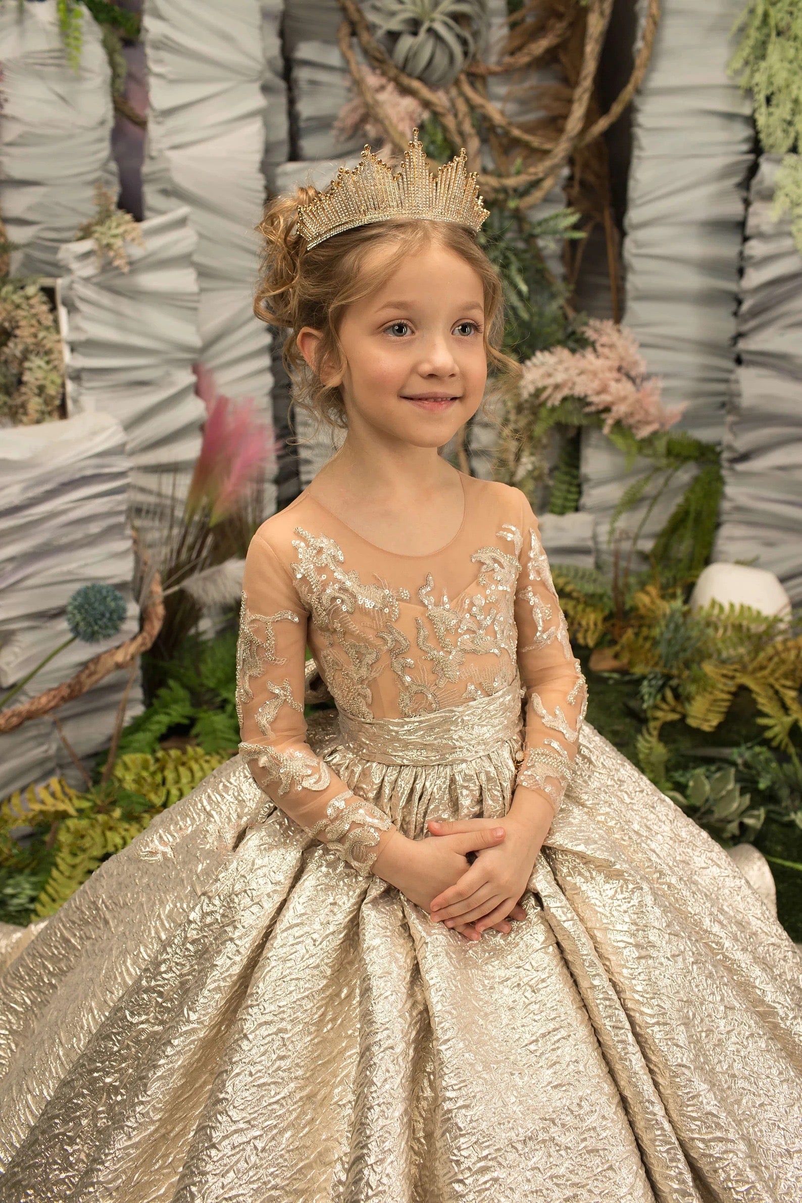 Girls Custom Couture Gold Beaded Embroidered Wedding Flower Girl Ballgown