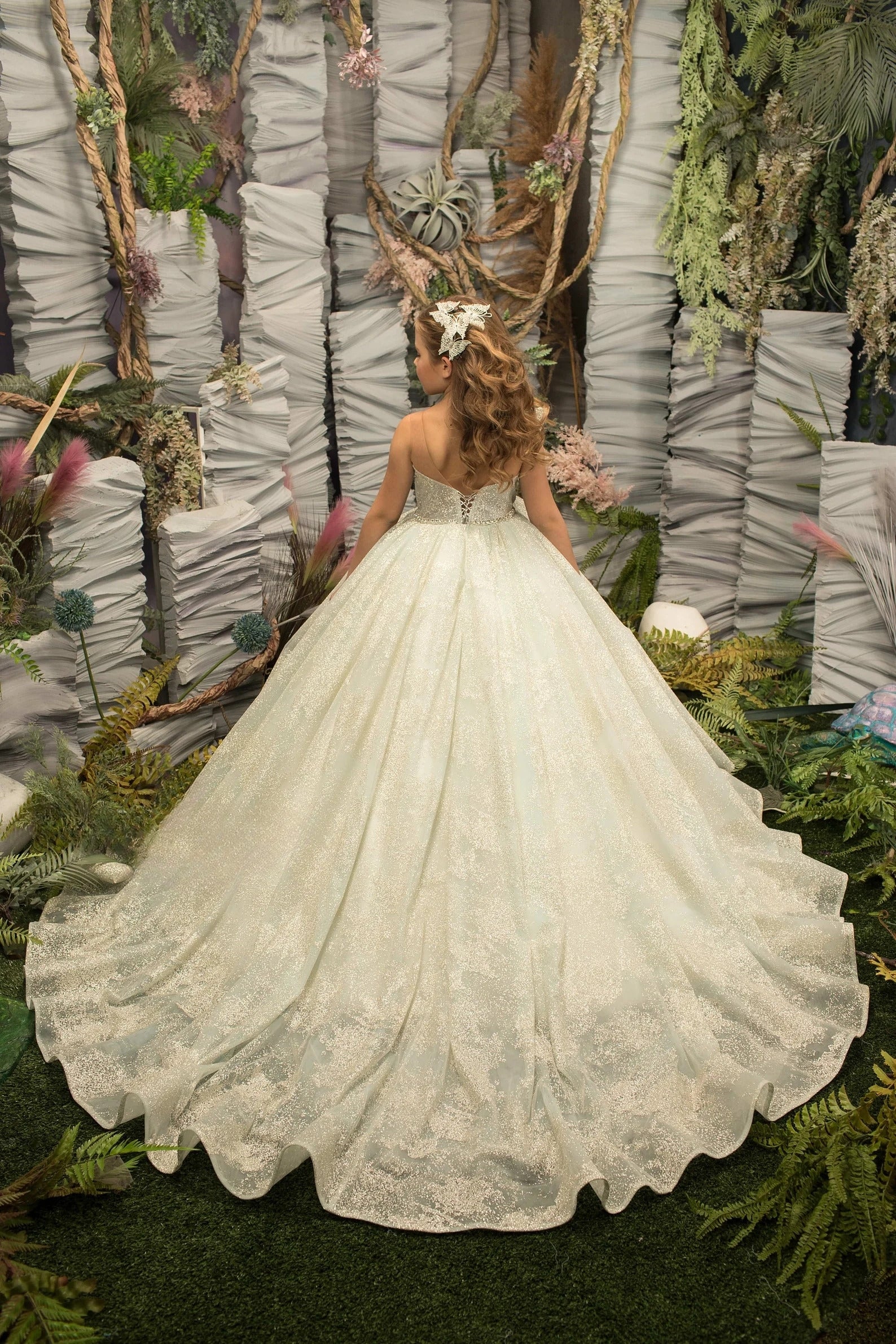 Couture Girls Ivory Mint Glitter Tulle Flower Girl Pageant Party Ball Gown