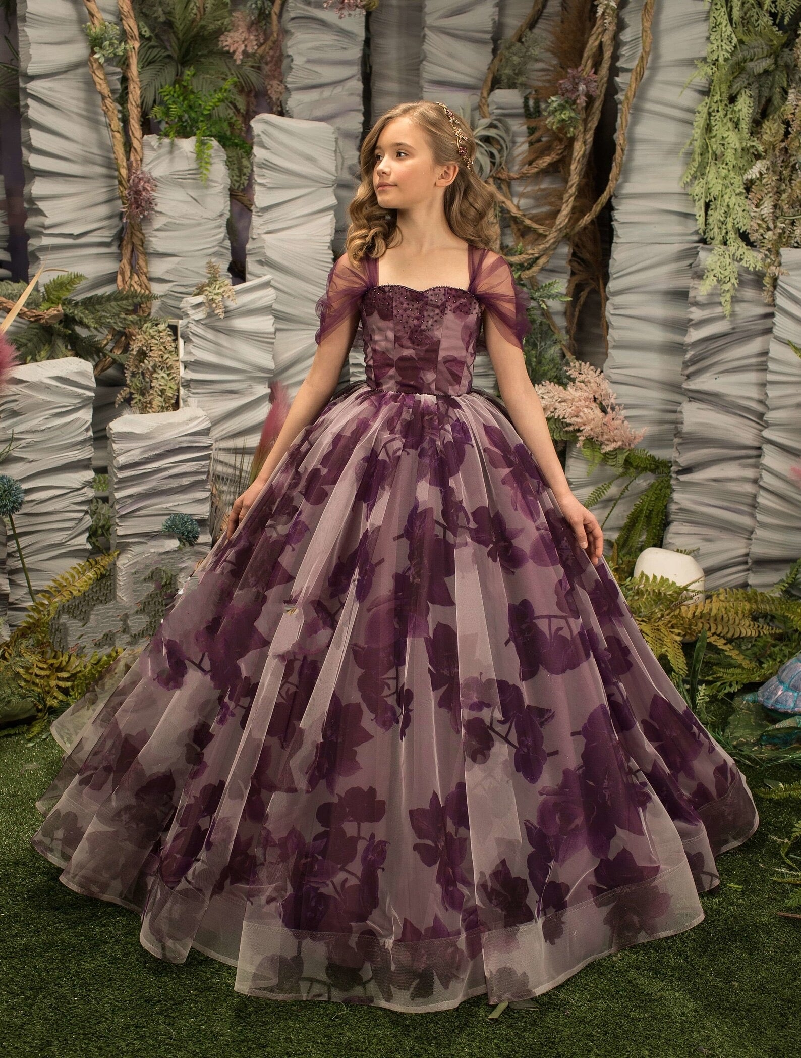 Girls Custom Couture Wedding Flower Girl Floral Tulle Pageant Party Gown