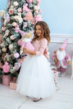 Girls Velvet Long Sleeve Tulle Flower Girl Wedding Birthday Party Long Dress