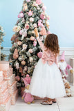 Girls Velvet Long Sleeve Tulle Flower Girl Wedding Birthday Party Long Dress