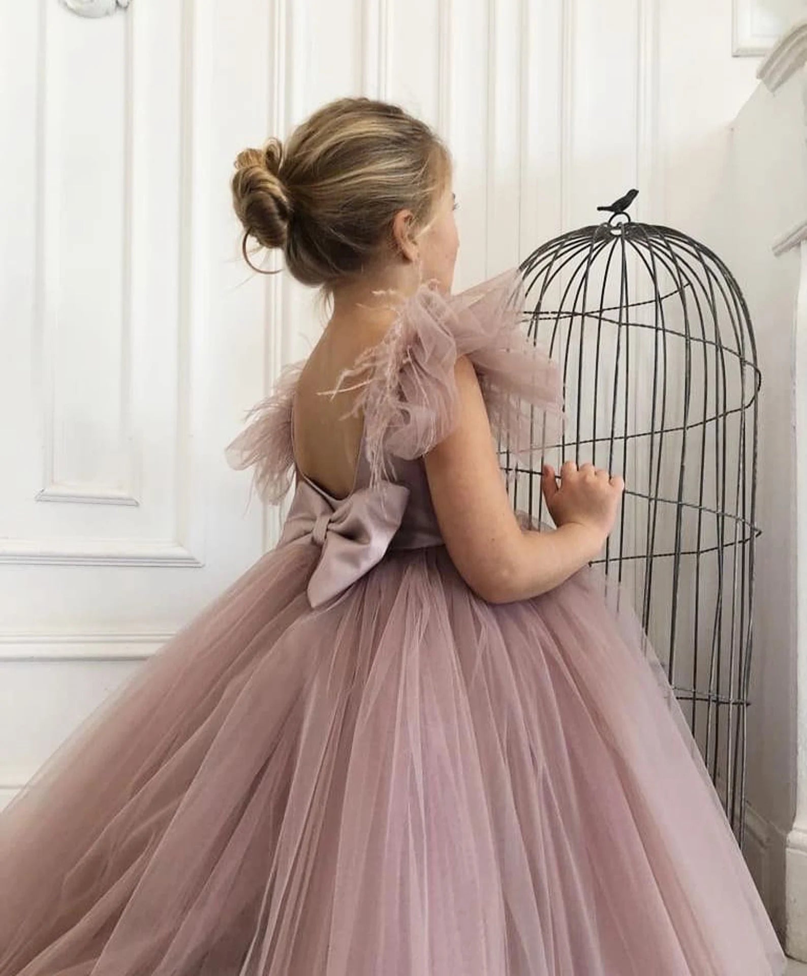 Girls Knee Length Flower Girl Satin Tulle Dress With Ostrich Feather