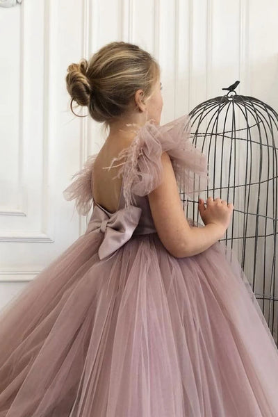 Girls Knee Length Flower Girl Satin Tulle Dress With Ostrich Feather
