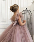 Girls Knee Length Flower Girl Satin Tulle Dress With Ostrich Feather