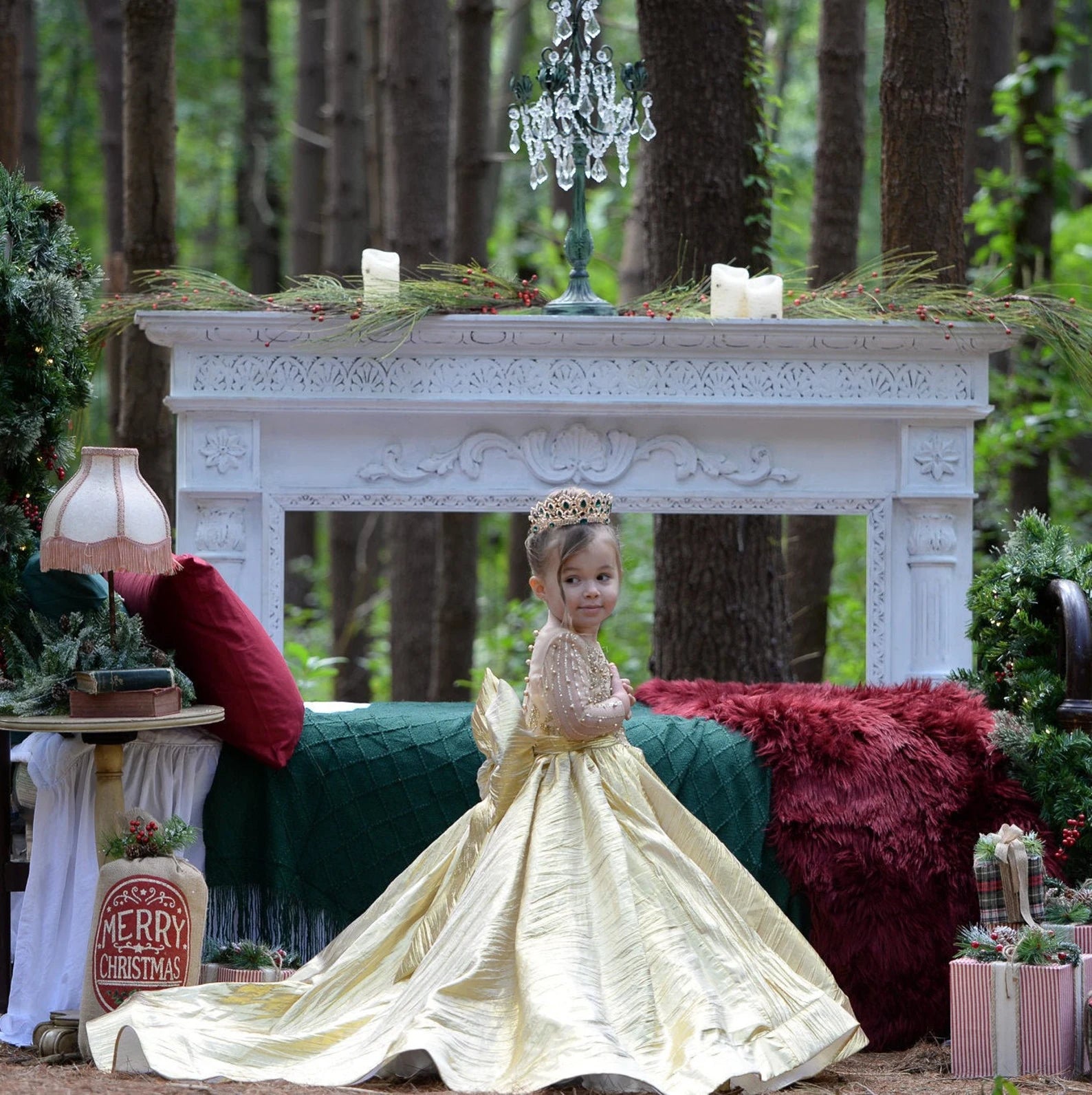 Girls Jacquard Custom Couture Pageant Flower Girl Gown With Train