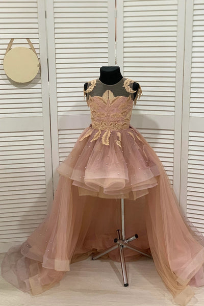 Girls Custom Couture Pageant Flower Girl Party Dress With Detachable Train
