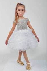 White Silver Girls Pageant Cupcake Dress Couture