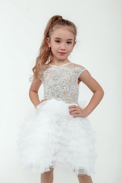White Silver Girls Pageant Cupcake Dress Couture
