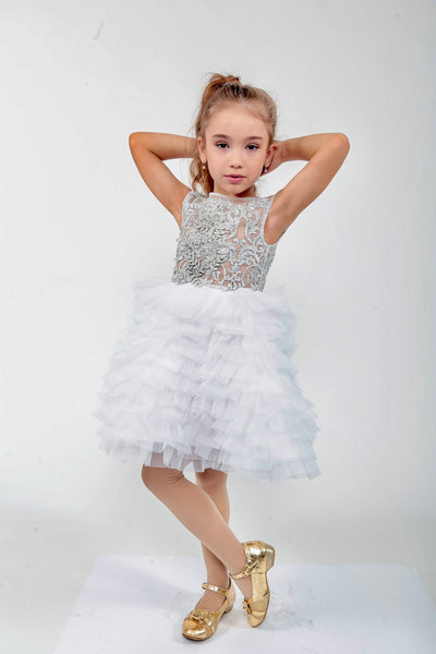 White Silver Girls Pageant Cupcake Dress Couture