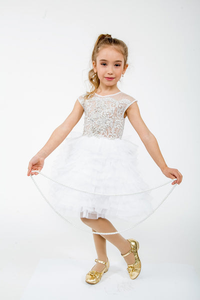 White Silver Girls Pageant Cupcake Dress Couture