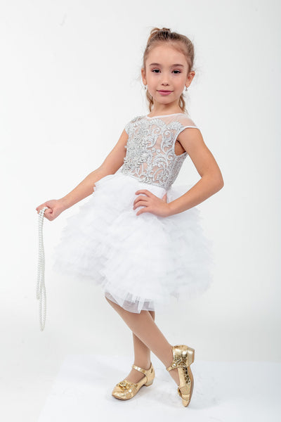 White Silver Girls Pageant Cupcake Dress Couture