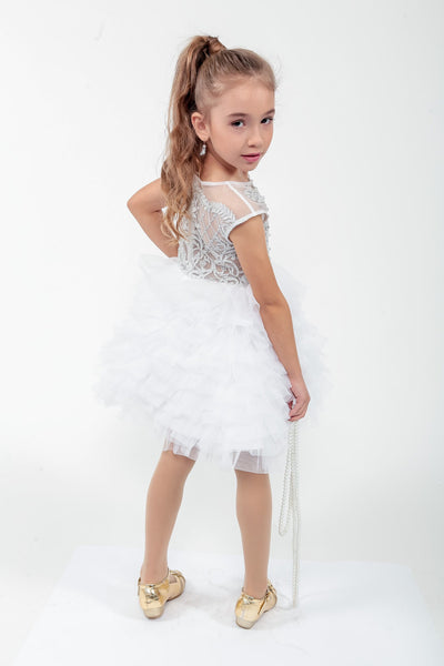 White Silver Girls Pageant Cupcake Dress Couture