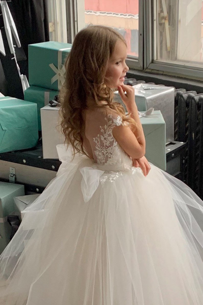 Girls Couture Flower Girl Wedding Party Tulle Floor Length Dress With Lace