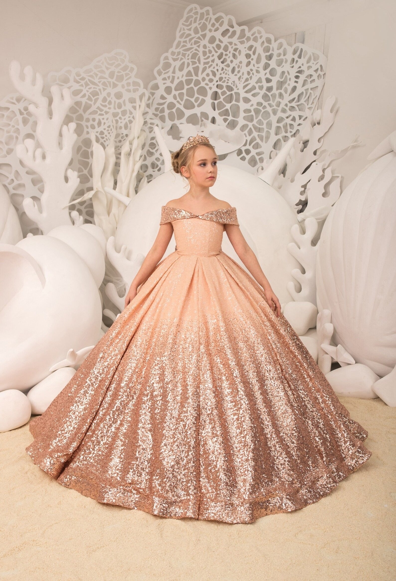 Girls Couture Off The Shoulder Sequin Pageant Party Special Occasion Formal Gown