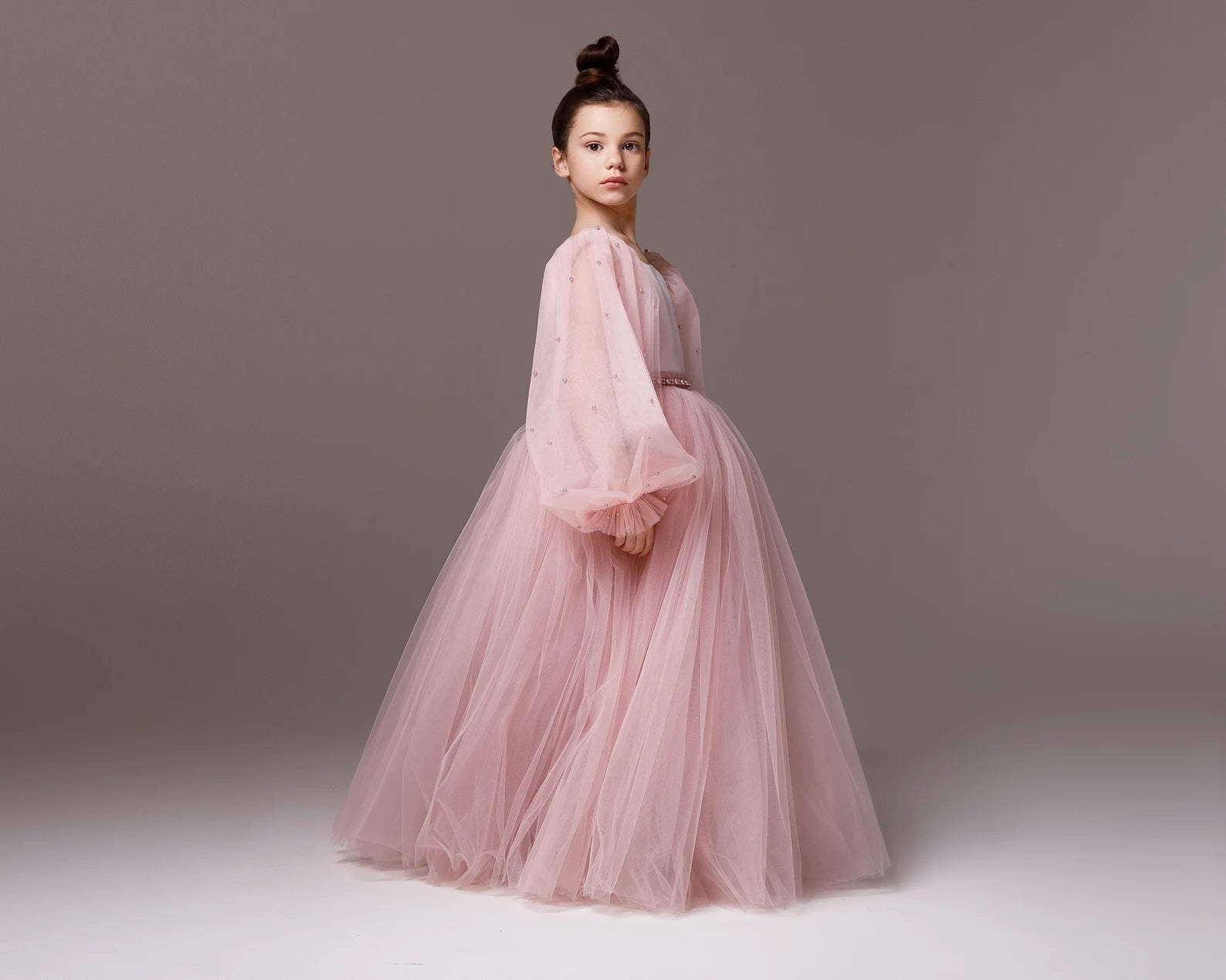 Girls Custom Couture Delicate Tulle Floor Length Flower Girl Party Dress