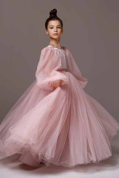 Girls Custom Couture Delicate Tulle Floor Length Flower Girl Party Dress