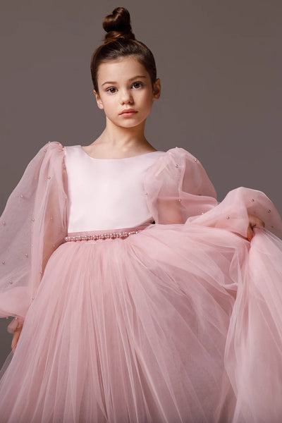 Girls Custom Couture Delicate Tulle Floor Length Flower Girl Party Dress