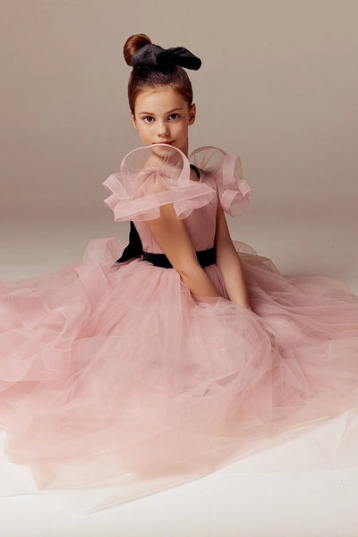 Custom Couture Tulle Satin Velvet Wedding Party Flower Girl Floor Length Dress